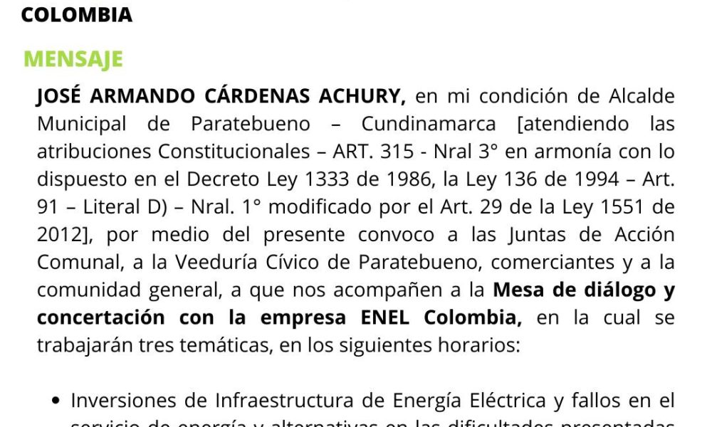 INVITACIÓN A LA COMUNIDAD DE PARATEBUENO: COMUNICADO SOBRE UNA JORNADA COMPLETA CON LA EMPRESA ENEL COLOMBIA